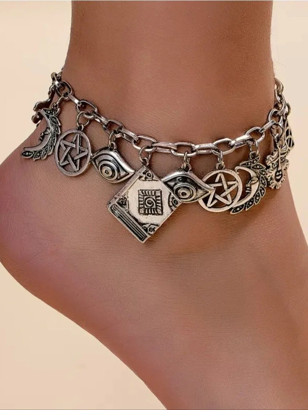 Burnt Silver Witchy Charm Anklet with Moon, Star and Eye Pendants